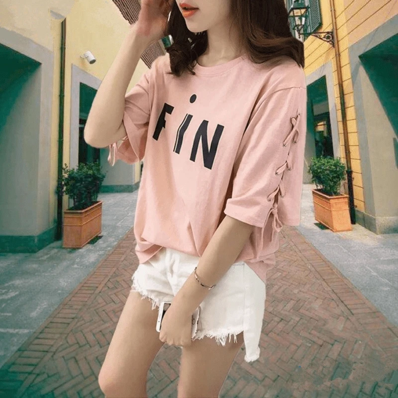 

Women's New Spring and Summer Women's New Korean Large Size Strap Letter Print Short Sleeve Loose Cotton Round N e c k T-Shirt