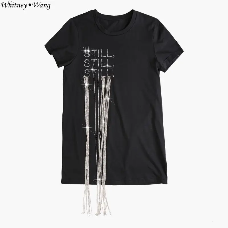 

WHITNEY WANG 2019 Spring Summer Fashion Streetwear Diamonds Letters Tassel t shirt women Tees T-shirt tumblr tops