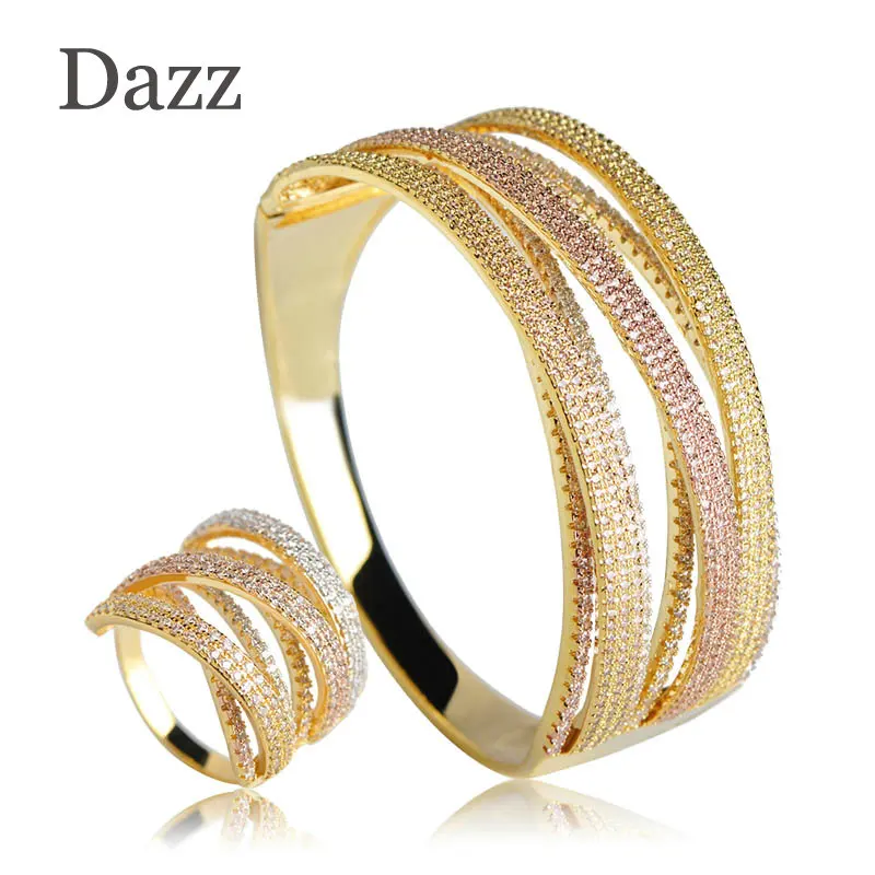 Dazz 2018 Luxury Three Tones Colors Wide Bangle Ring Set Two Layers Copper Rhinestones Jewelry Sets Women Bridal Wedding Bijoux Dazz 2018 Luxury Three Tones Colors Wide Bangle Ring Set Two Layers Copper Rhinestones Jewelry Sets Women Bridal Wedding Bijoux
