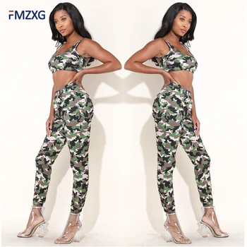 

2XL Grey Camouflage Pant Outfit Camo Pant Tank Top Set Crop top Camis Two 2 piece set Streetwear Cargo Tracksuit Femme Suit 2pcs
