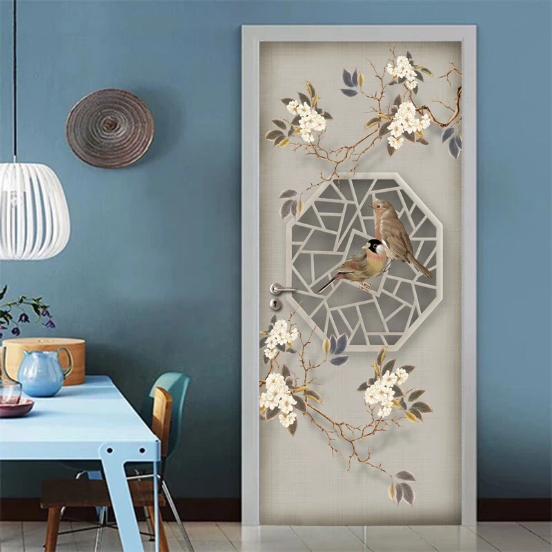 Chinese Style Flower Bird Door Sticker Mural Wall Painting Living Room Bedroom Study Door DIY Self-adhesive Decoration Sticker jia baomin painting technique tutorial book chrysanthemum lotus chinese freehand drawing pheasant bird eagle crane picture album