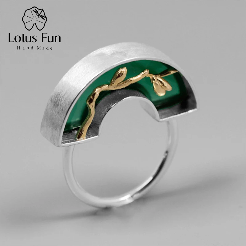

Lotus Fun 925 Sterling Silver Rings for Women with Stone Arch Bridge Gold Plated Leaf Engagement Ring for Women with Green Stone