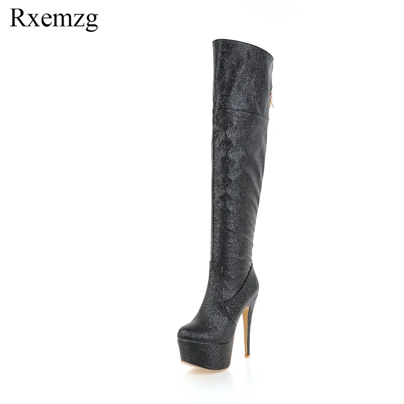 Sobre Zapatos Moda Invierno Super Nocturno Alto Plataforma Rodilla 14 Tacón De Cm Negro Sexy Pu Cuero Mujer oro Botas plata Thin Club La Rxemzg xvRfU