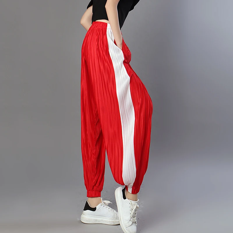 Шифон шаровары женские серии 2018 Весенняя мода новый Ruched Side Stripe эластичные