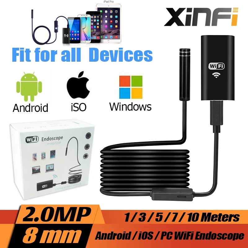 

XINFICAM Wifi Endoscope iOS Android 1/3/5/7/10m Soft cable 8mm HD 720P Borescope pipe mini camera Snake Camera car inspection