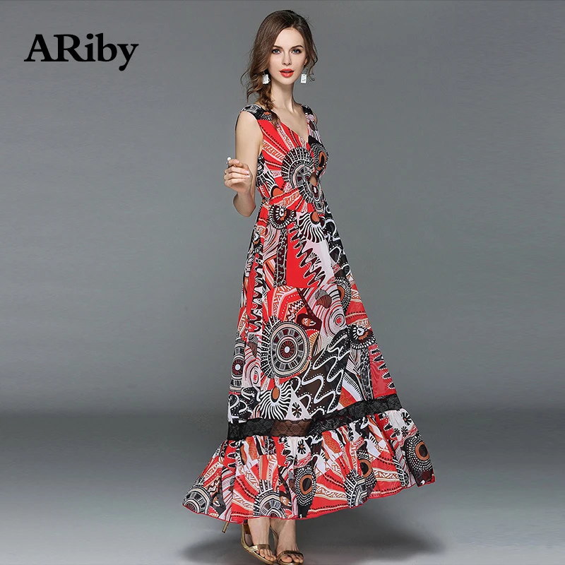 Women Dress Summer Maxi Long Dress ARiby New Lady Fashion Bohemian V-Collar Hollow Out Lace Sleeveless Printed A-Line Dresses