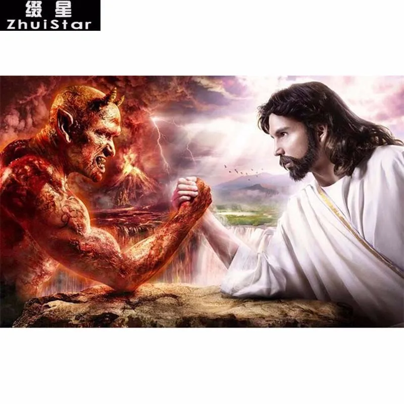 Needlework-embroidery-cross-stitch-religious-diy-diamond-painting-kits-crystal-full-square-diamond-Jesus-and-devil