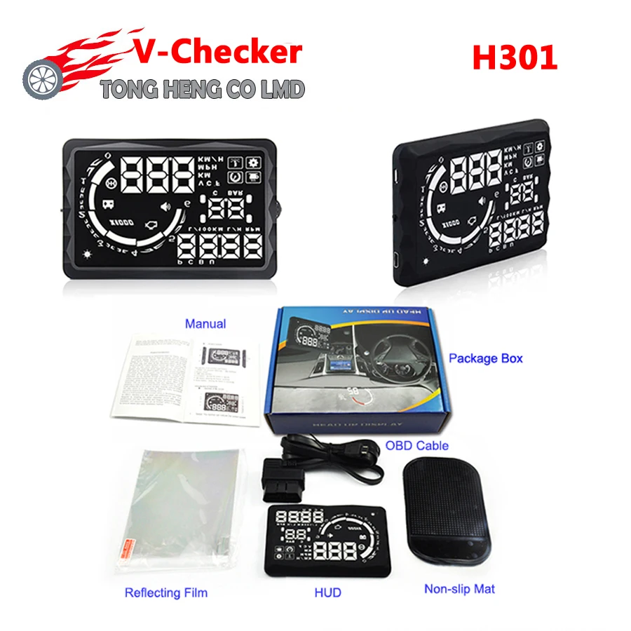 

Original V-CHECKER HUD H301 Universal OBD Car HUD VCHECKER Head Up Display 5 Inch LED Display TPMS Speed Auto Diagnostic Tool
