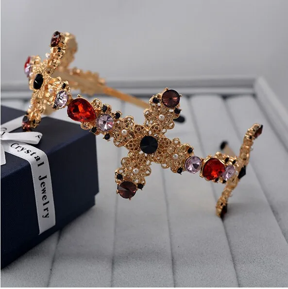 

2019 Fashion colorful crystal cross hairbands for women head jewelry gold headband crowns bridal tiara wedding hair accessories