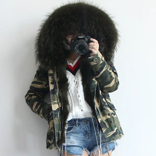Best price at $164 Cheap 2016 women winter camo parkas large raccoon fur collar hooded coat outwear detachable lining winter jacket DHL free shipping