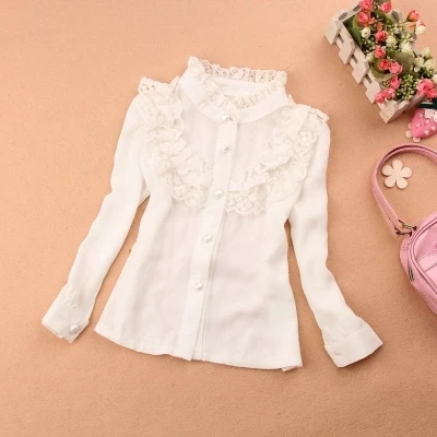 Осенние детские рубашки, однотонные шифоновые блузки, школьная белая одежда с воротником «Мандарин» для подростков, модные топы с длинными рукавами - Цвет: Single Layer white