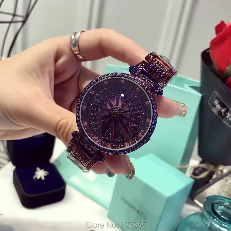 

2017 New Fashion Purple Luxury Stainless Steel Watch Lady Shining Rotation Dress Watch Big Diamond Stone Wristwatches Clocks