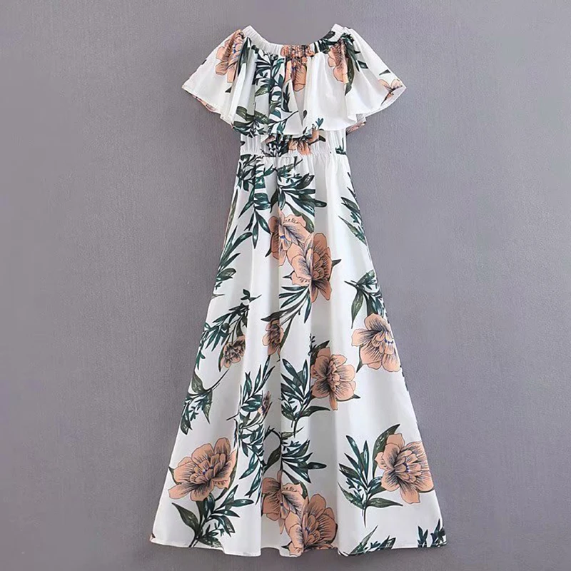Women's Clothing Dress 2019 Chiffon Fabric Printed Ruffled Slash Neck Dress Ms Summer Street Sexy Slim Fit Temperament Clothing
