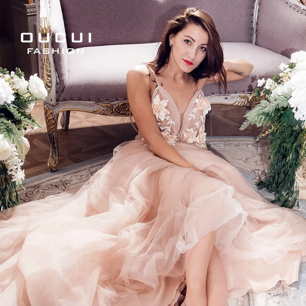 Sexy V Neck Robe De Soiree 2019 Evening Dress Long Prom Dresses Wedding A-Line Lace Flower Special Occasion Ball Gown OL103253
