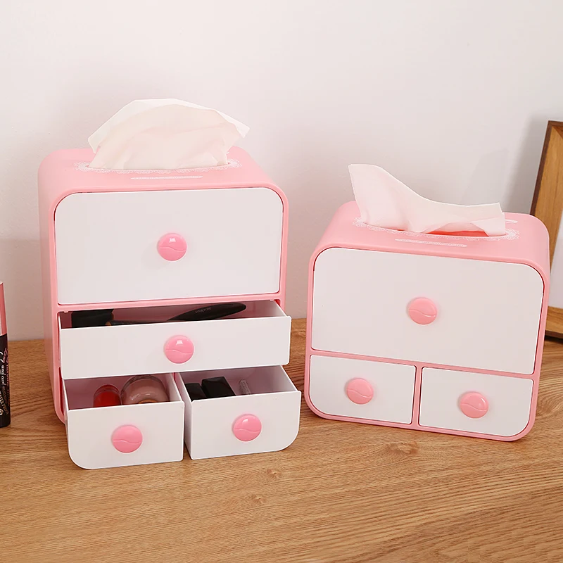 

Color Multi-Function Plastic Container Storage Box With Three-Layer Drawers Jewelry Desktop Office Cosmetic Organizer Tissue Box