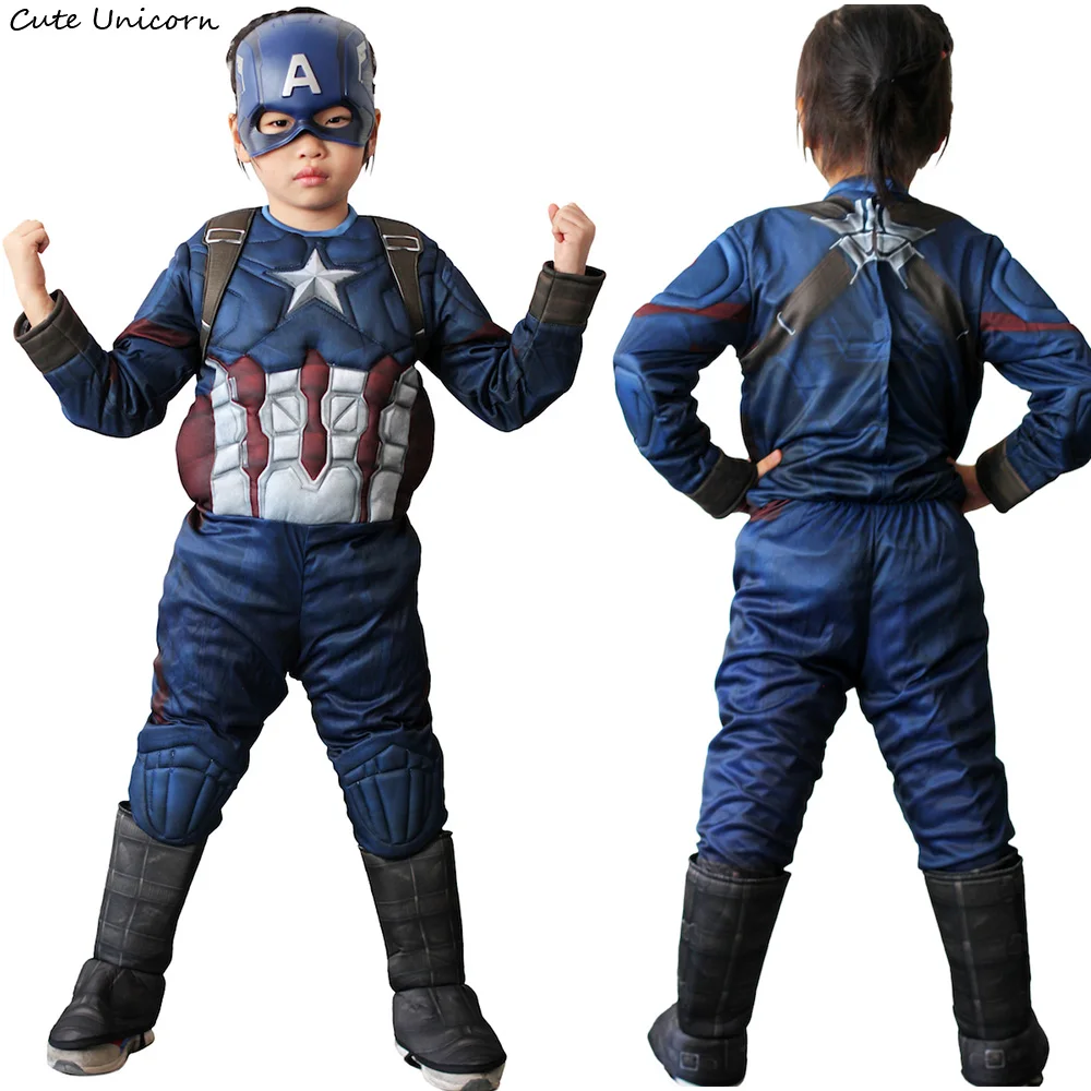 Superhero Captain America Halloween Costume for Kids Avengers Muscle Jumpsuits Mask Children