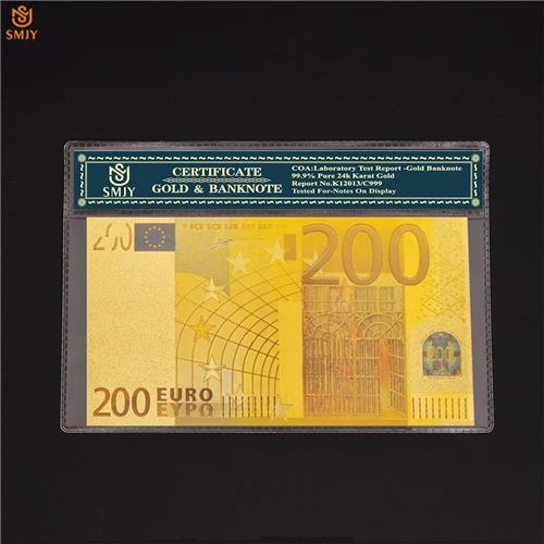 24 к позолоченные европейские валюты 20 евро деньги золотая фольга Реплика настоящая банкнота бумага коллекция банкнот - Цвет: 200 Euro-COA