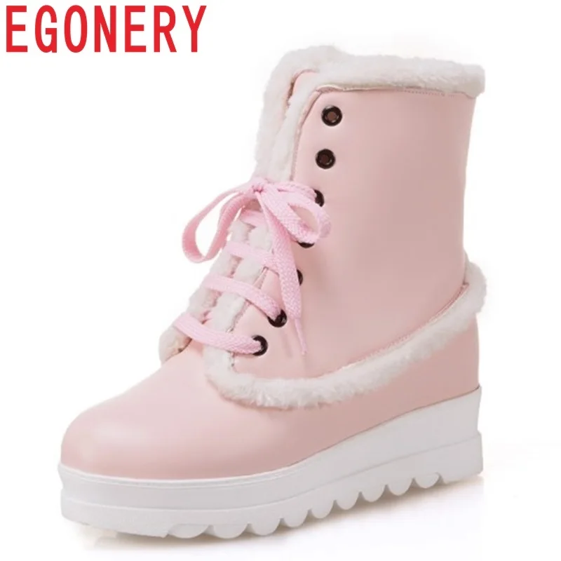 

EGONERY 2018 newest winter new style increase platform snow boots lace-up round toe shoes outside comfortable women's booties