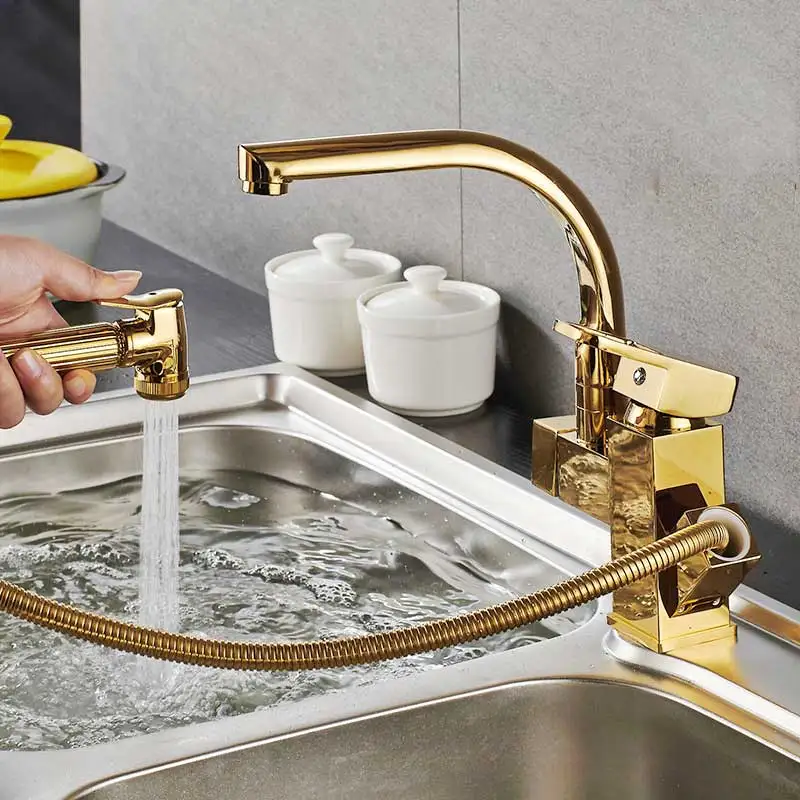 

Copper spray gun can pull out the rotating kitchen faucet gold hot and cold mixed wash basin sink gold faucet