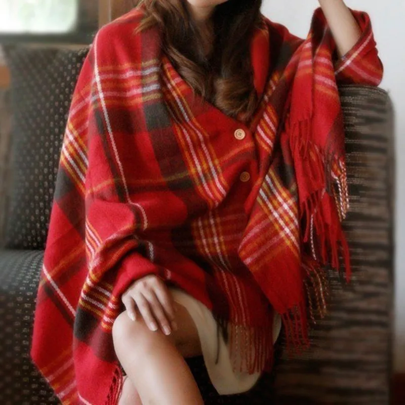 2016 New Women Plaid font b Tartan b font Scarf Fall Winter Tassels Button Down Faux