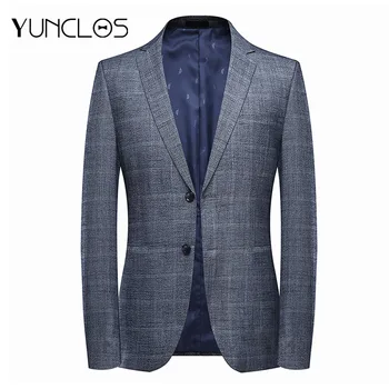 

YUNCLOS EU Size Men's Blazer Jackets Formal Business Blazer Male Plaid Print 2 Buttons Elegant Slim Fit Men Suit Jacket