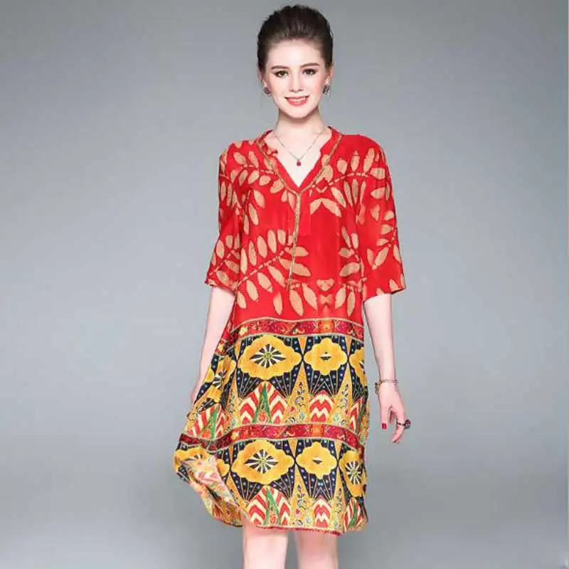 

Hot Sale 2018 Summer New V Neck Diamond Loose Gold Leaves Printing Three Quarter Sleeve Faux Silk A-Line Dress