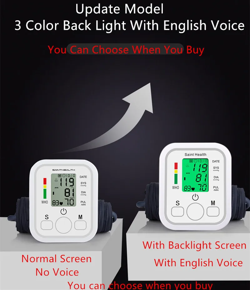 Saint Health С английским голосом и подсветкой Портативный ЖК-цифровой измеритель артериального давления на плече цветной экран автоматический тонометр пульсометр