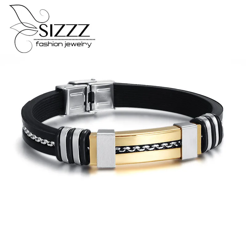 

SIZZZ 21.8CM Long black color inlaid chain superior silicone bracelet&bangles for men