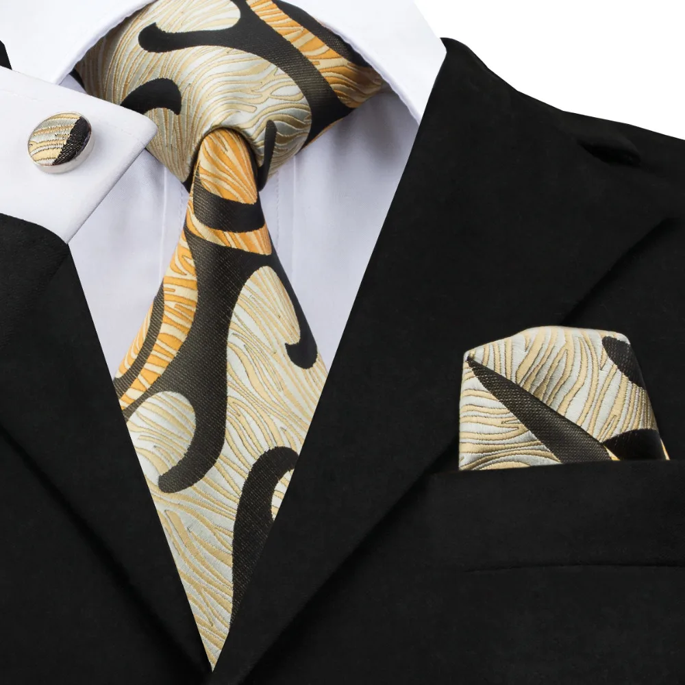 

Fashion Silk Jacquard Tie Brown&Yellow Novelty Tie Hanky Cufflinks Set Ties For Men Business Wedding Party C-1182