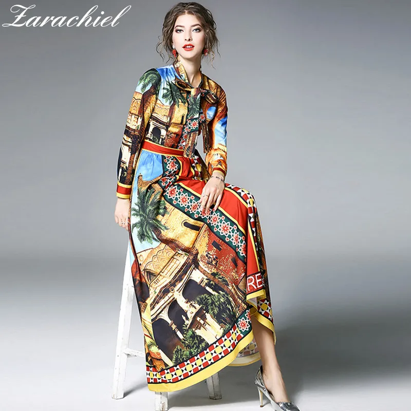 

New Fashion 2018 Spring Brand Design Maxi Dress Women Vintage Gorgeous Print Bow Tie Neck Big Swing Robe Femme Party Long Dress