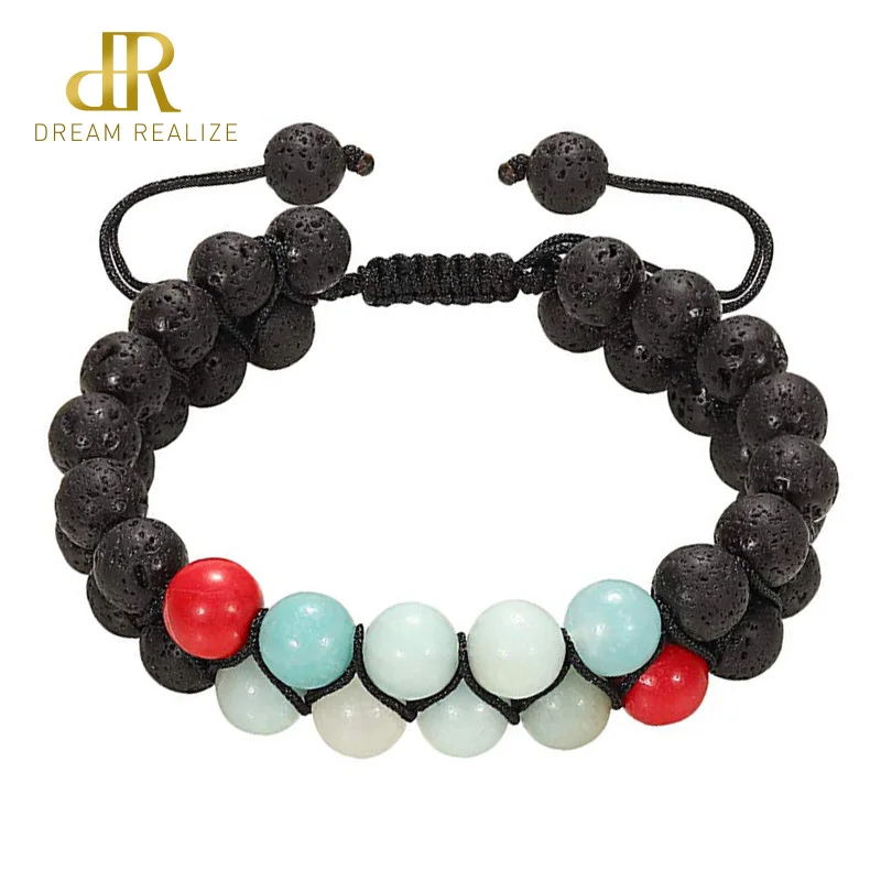 

DR Lava Rock Mala Bead Bracelet for Women Adjustable Amazon Stone Double Row Bracelets Braided Rope Couples Handmade Bracelet