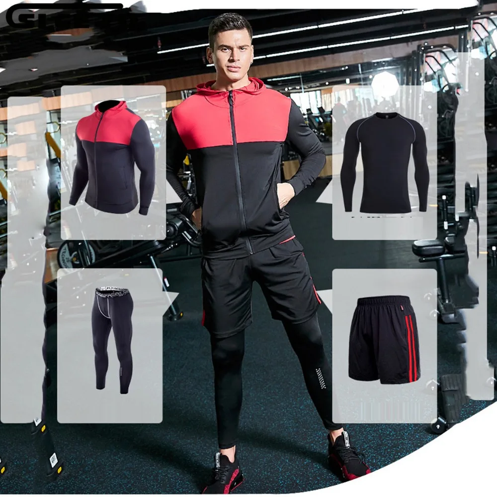 

Sports Fitness Men Long Sleeve Jacket And Tight Pants Training Basketball Clothes Compression Jogging Running Set 4pcs