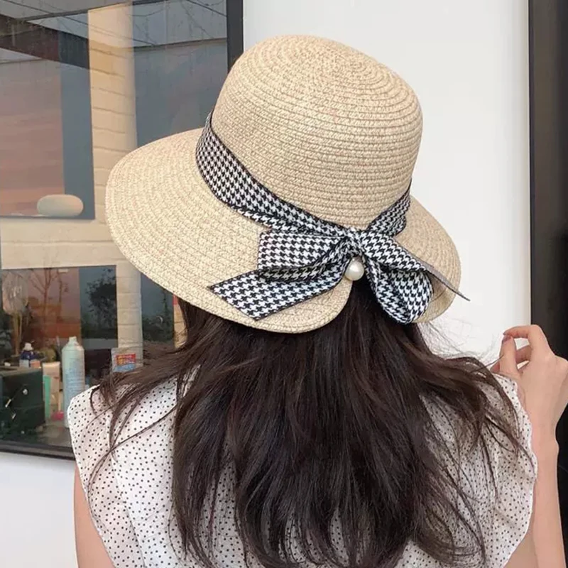 

2019 Summer Ladies Sun Hat Visor pearl Small Fresh Ideas Bow women Straw Hat Sunscreen Summer Hats for Women Folding Beach Cap