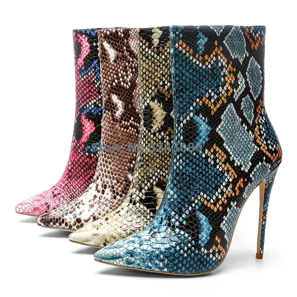 Women Sexy Snakeskin Thin High Heel Short Boots Multi-Color Side Zip Stiletto Heel Ankle Boots Short Plush Inside Warm Shoes