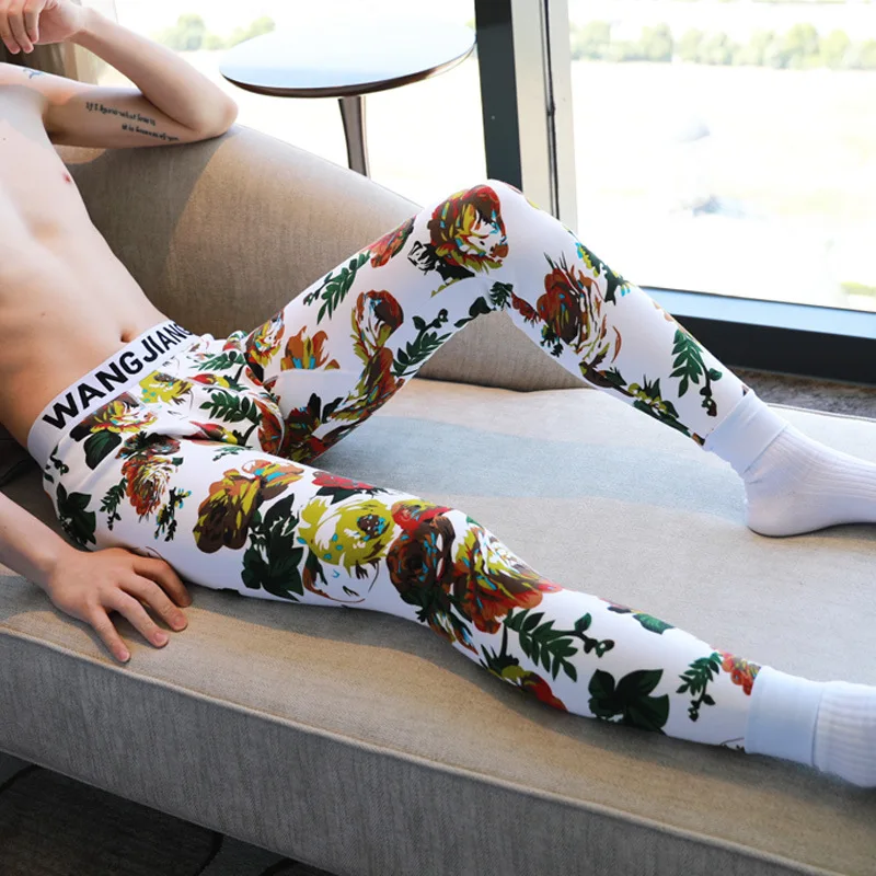 men long johns Thickened plus velvet men warm pants print line of men slim sexy gay underwear tight legging long Johns size XXL