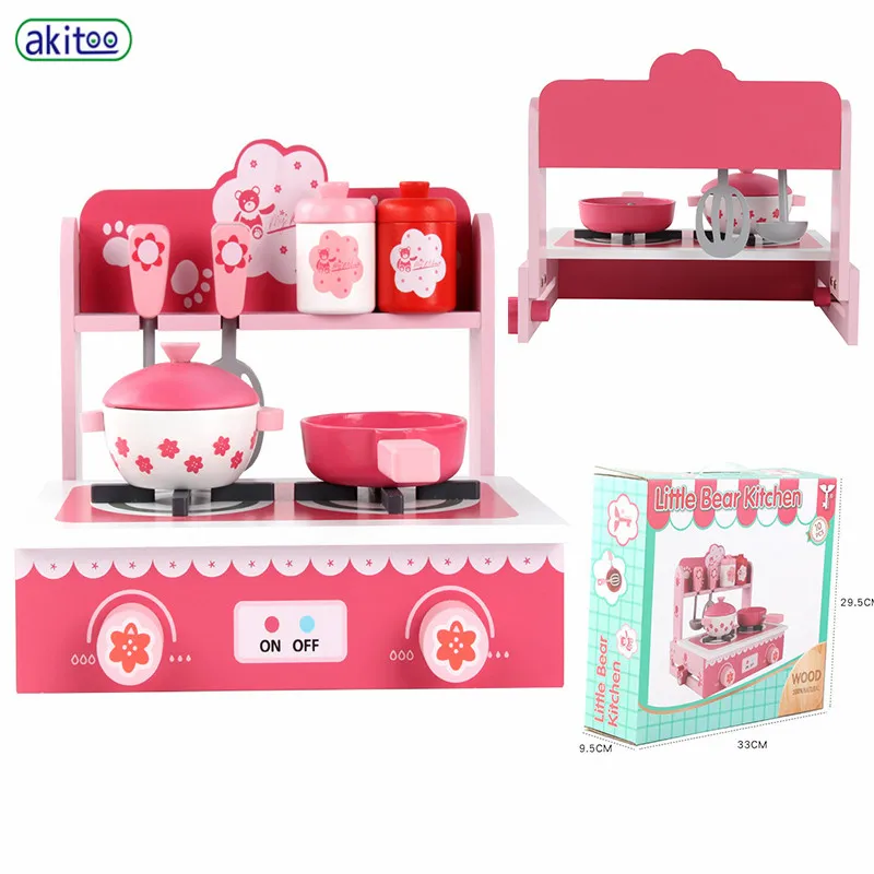 

akitoo New wooden simulation small pink kitchen gas stove table girl children play house toy wooden toy #3219