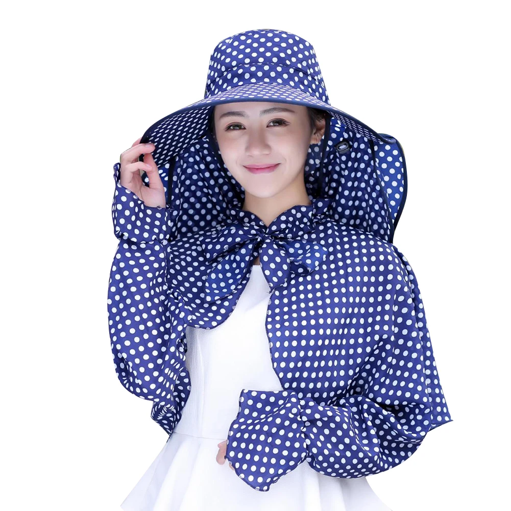 

Women Big Eaves Outdoor Camping Summer Face Mask Cycling Neck Sun Hat Set Wide Covered Lightweight Dot Pattern With Shawl