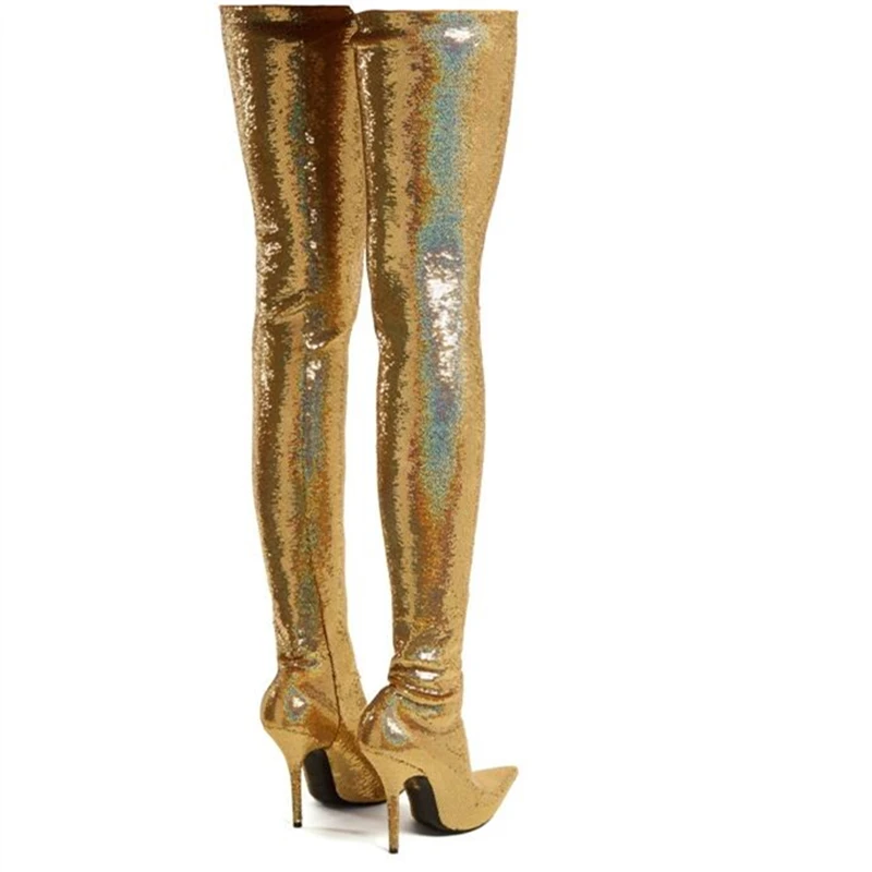 Шикарные высокие сапоги до бедра; женские эластичные сапоги на шпильке с блестками; Цвет серебристый, золотой; женские вечерние сапоги на высоком каблуке