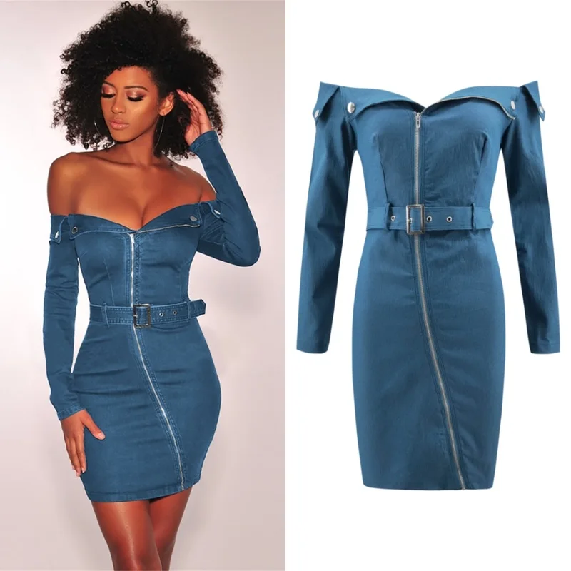 

Women Off Shoulder Bodycon Dress Oblique Zipper Long Sleeve Denim Mini Dress With Belt Evening Pencil Vestidos Femme Dresses