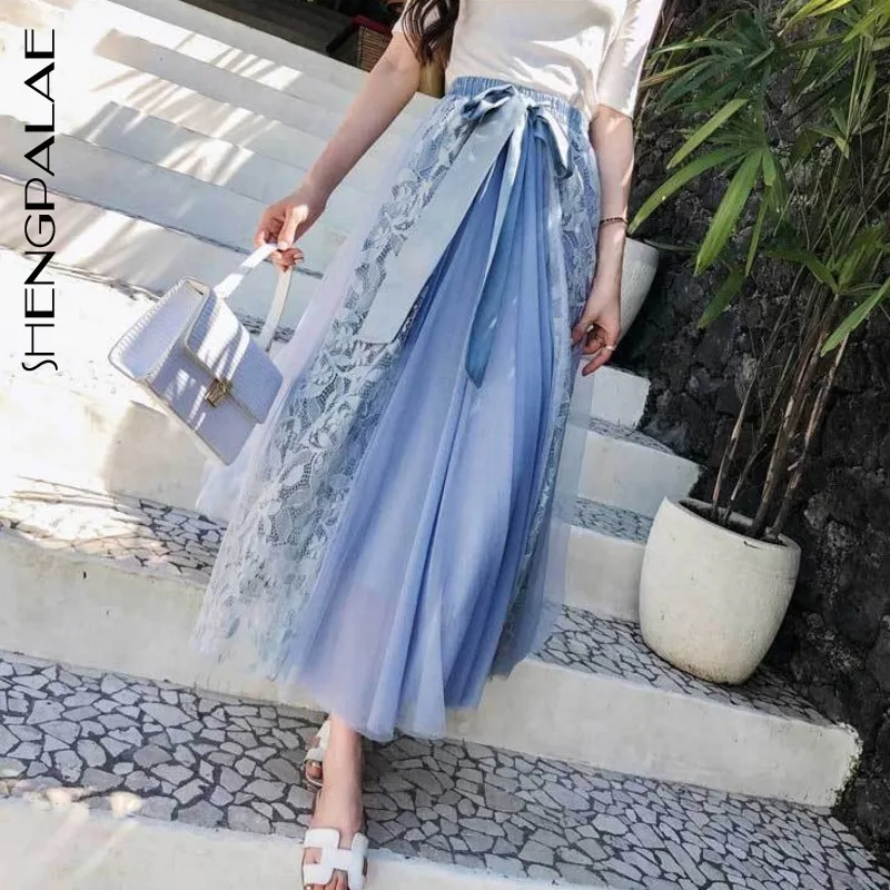 

SHENGPALAE New Summer Spring Japan Korea Style Women Mid-calf Patchwork Lace With Bow Empire Waist Straight Skirt Tide FQ893
