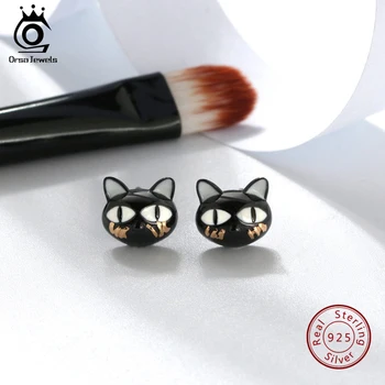 

ORSA JEWELS Genuine Sterling Silver Earrings Women Vivid Black Gun Color Cat Enamel Original Design Girl Silver Party Jewelry