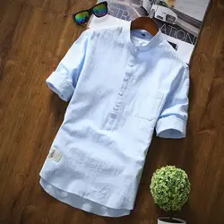 Для мужчин s Blue Smart Повседневная хлопковая рубашка с коротким рукавом пуговицы стоячий воротник Slim Fit для мужчин рубашки 2019 Лето Мужской Топ