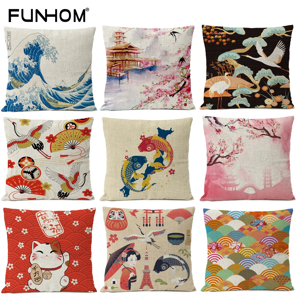 

Japanese Fuji Cherry Cushion Cover Home Decorative Pillows Japan Ukiyo-e Wave Pillow Cover Linen Pillow Case Cojines Almofada
