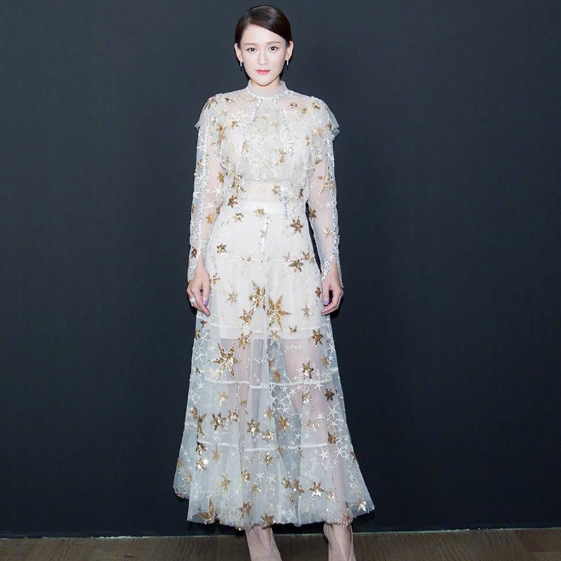 

2019 Summer Designer Star Sequined Woman Two Piece Sets Long Sleeve Embroidery Ruffles Woman Tops Embroidery Long Skirts