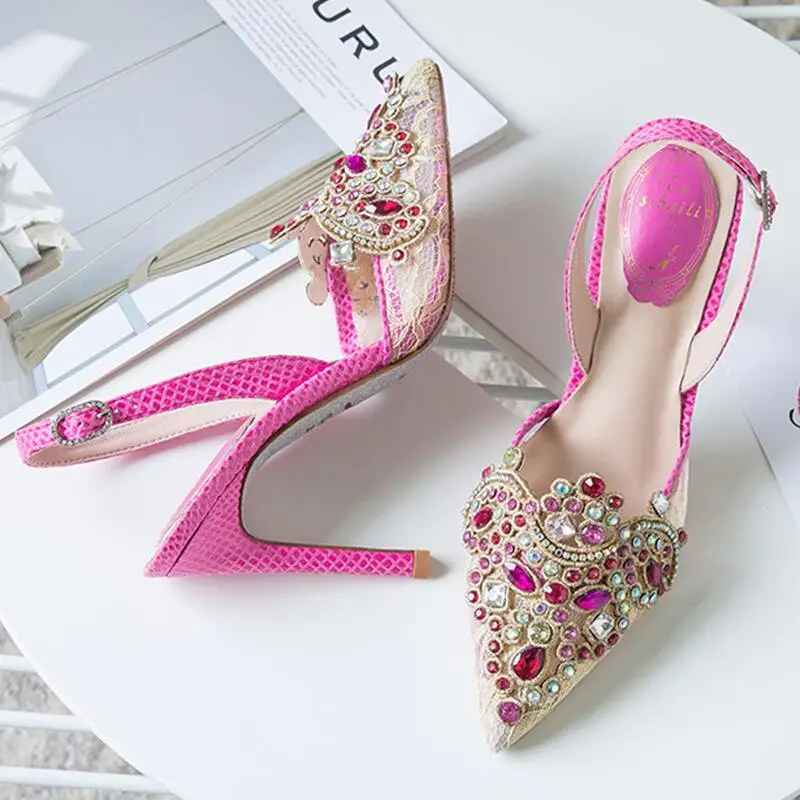 

Designer Rhinestone High Heel Summer Wedding Sandals Women Pointed Toe Sandalias Mujer 2019 Stiletto Ladies Shoes Slingback Pump