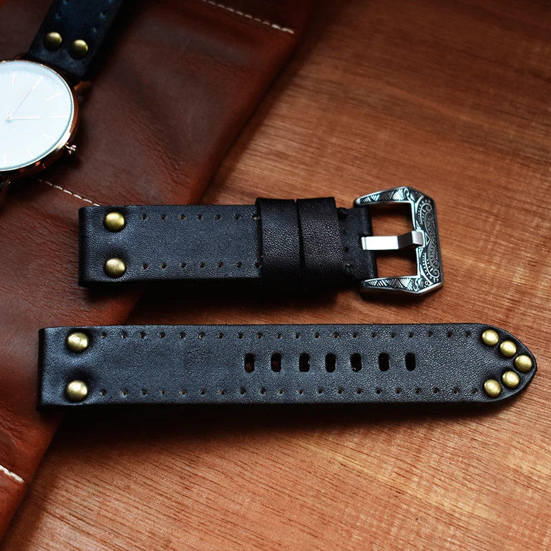 Watch Bracelet Band 18mm 20mm 22mm 24mm Watch Strap Vintage Leather Thick Watchband Panerai with Rivet Accessories KZC02