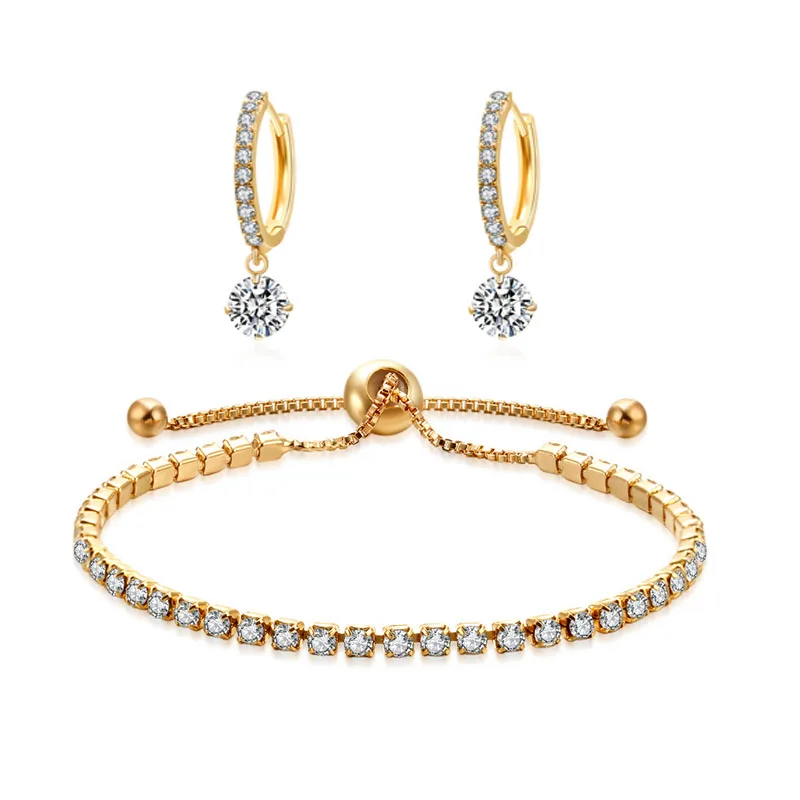 

Simple Style Trendy Dazzling Earrings Bracelets Jewelry Set Hot Sale Rhinestone Crystal Wedding Anniversary For Women Girl Gifts