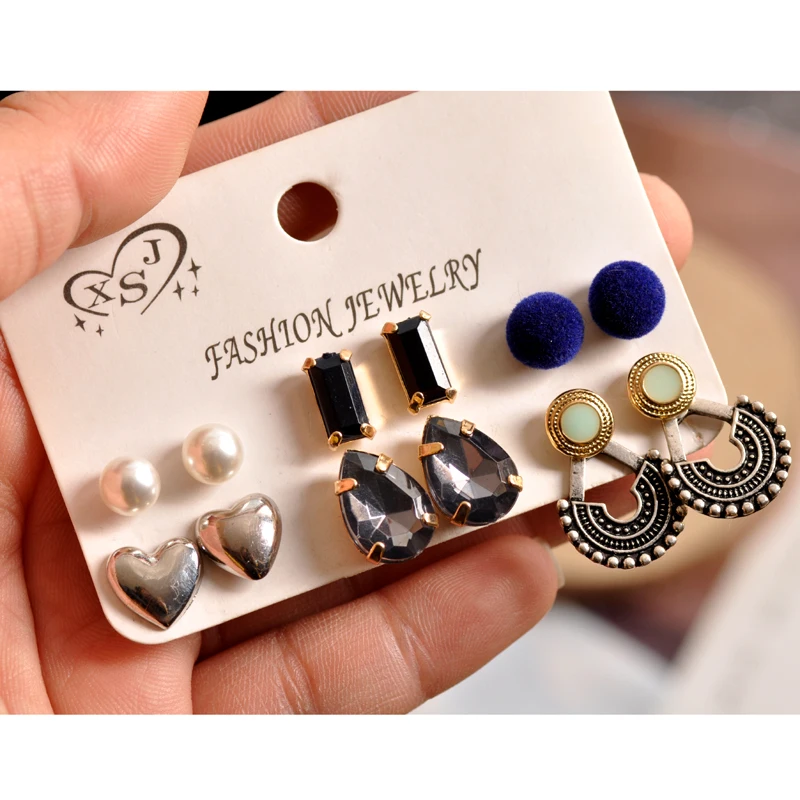 

New hot fashion women jewelry girl boy birthday party pearl ear nail green heart mix style 6pairs/set earrings free shipping