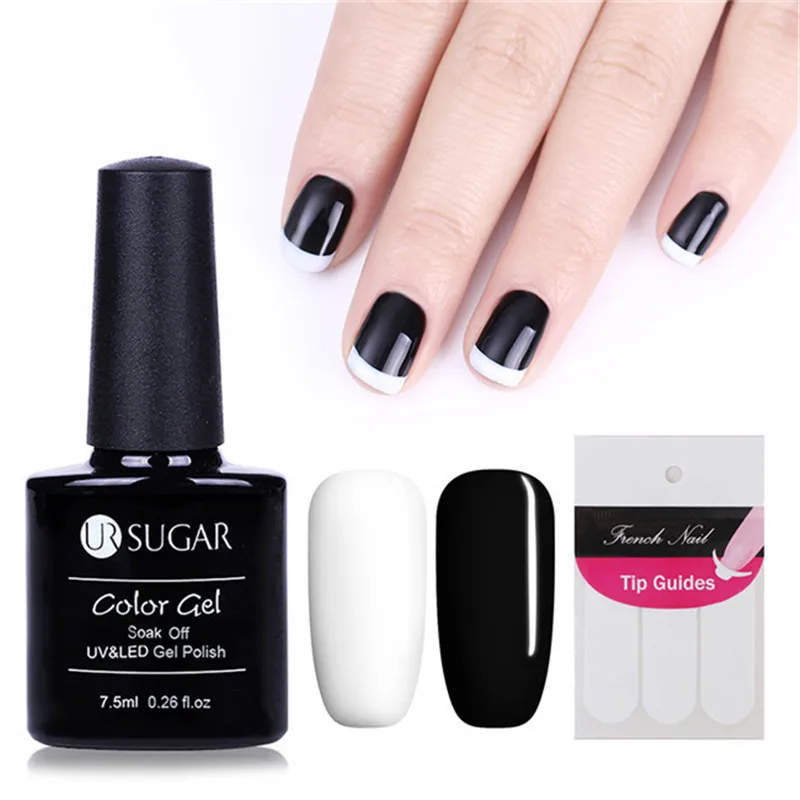 UR SUGAR 2Pcs Black White Gel Nail Polish Soak Off UV Gel Lacquer with French Tip Guides Nude Color DIY Manicure Nail Art GelSet