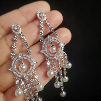 

Luxury Female Big Crystal Stone Earrings Silver Color Pearl Dangle Earrings Boho Long Drop Earrings For Women